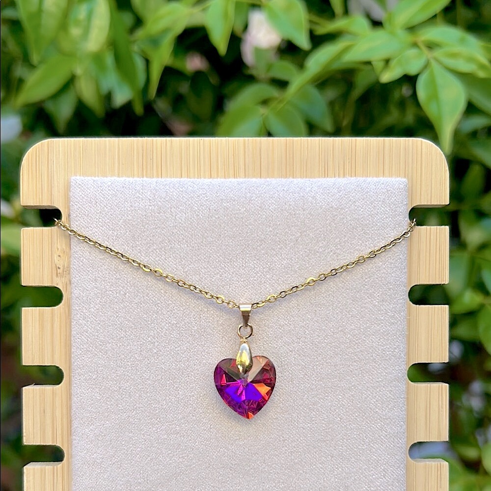 Violet Pink + Gold Crystal Heart Pendant Necklace - Picture 3 of 8